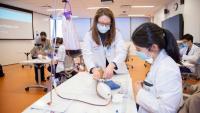 A faculty member teaching a medical student how to collect blood samples